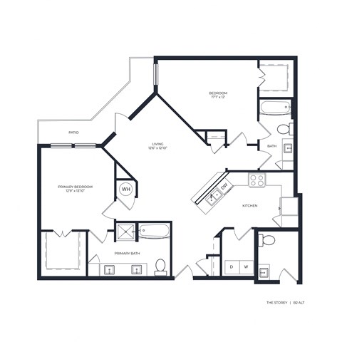 Floor plan for 2 beds, 2.5 baths, 1232 sqft